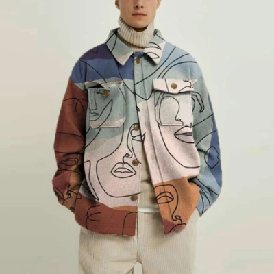 Lässige, digital bedruckte Jacke mit geometrischem Muster, einreihiger Reversmantel für Herren